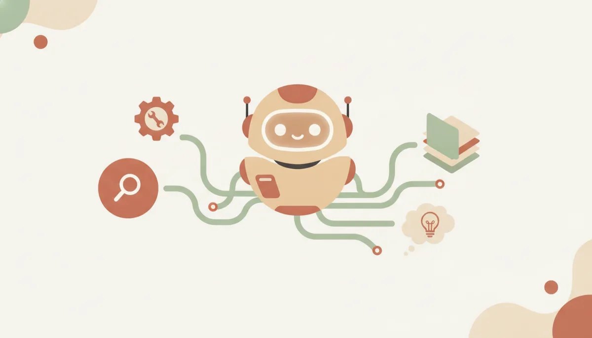Mạng nơ-ron kết nối tới một robot trung tâm, biểu tượng cho AI Agent tự hành động