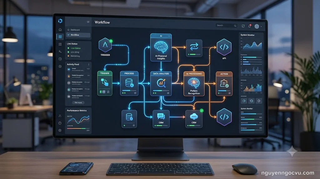 n8n workflow automation interface với các nodes kết nối AI LLM, database và API