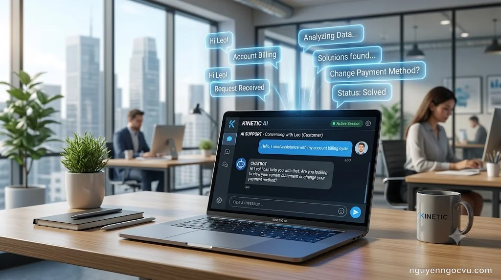 Giao diện chatbot AI tương tác với khách hàng trong môi trường doanh nghiệp hiện đại