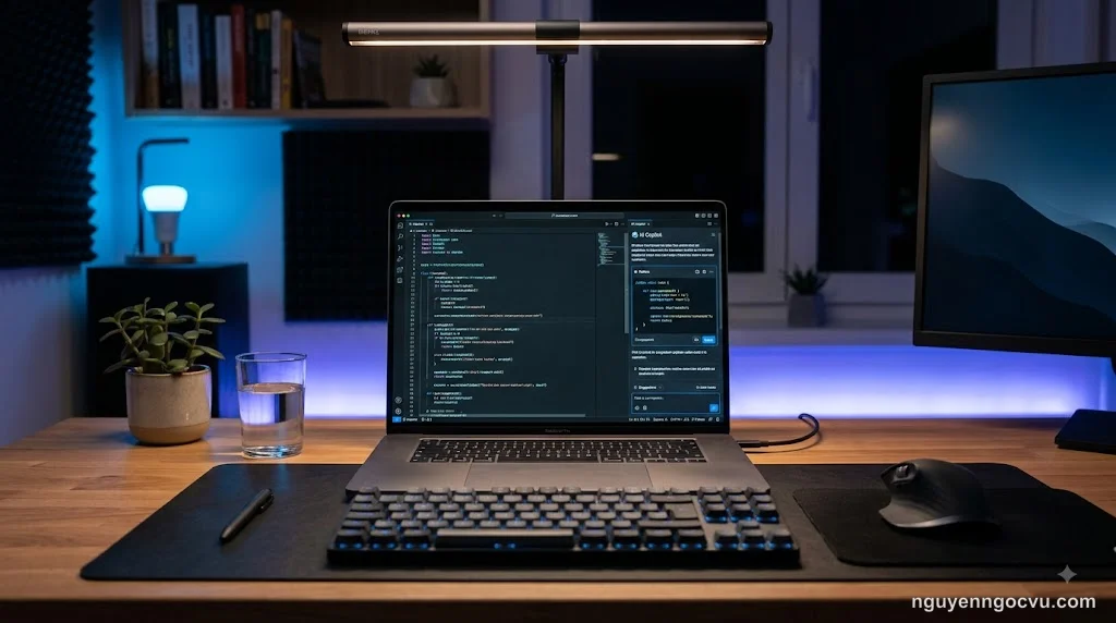 AI code assistant đang hỗ trợ lập trình viên viết code trên màn hình laptop