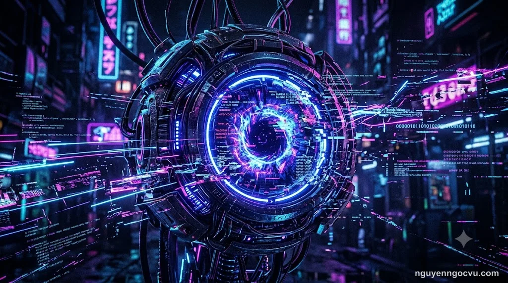 Minh họa hiện tượng AI hallucination với hình ảnh con mắt robot nhìn thấy những ảo giác dữ liệu