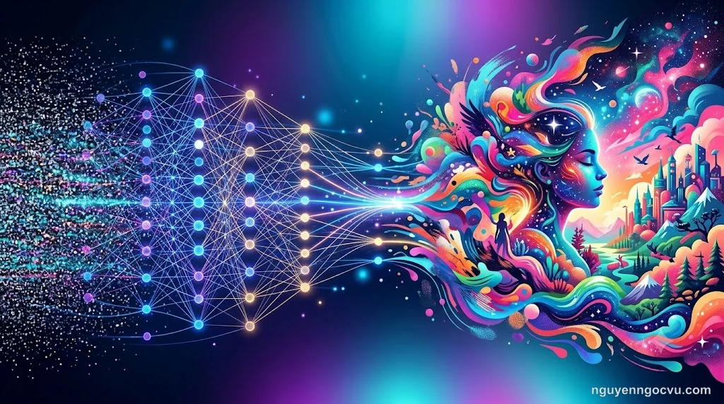 Minh họa công nghệ tạo ảnh AI với các mô hình diffusion và neural networks