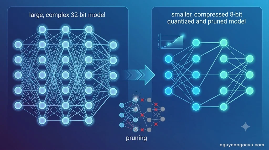 Sơ đồ minh họa quá trình nén model AI từ model gốc 32-bit xuống 8-bit quantization và structured pruning, giảm kích thước mà vẫn giữ độ chính xác