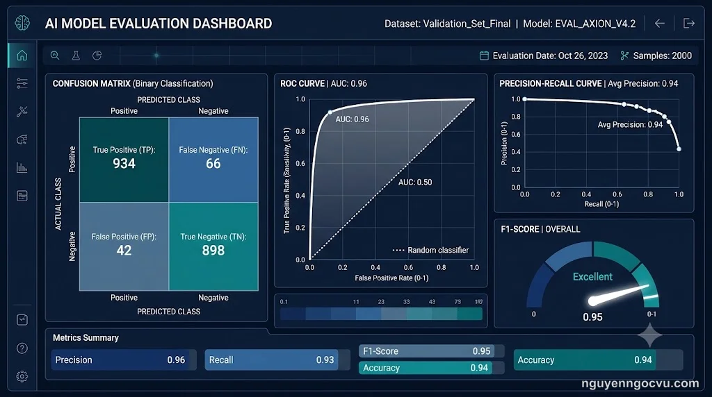 Dashboard hiển thị các chỉ số đánh giá mô hình AI với biểu đồ confusion matrix và ROC curve