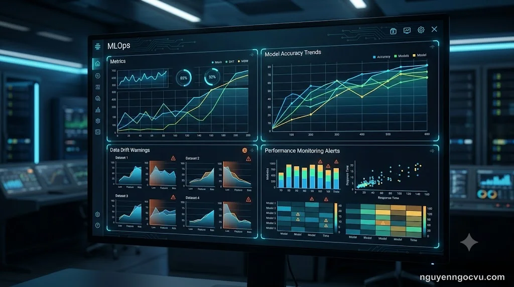 Dashboard monitoring hiển thị metrics và alerts của mô hình AI production với biểu đồ drift detection