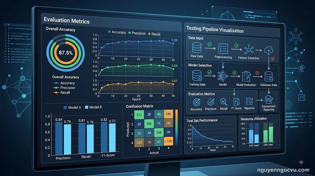 Biểu đồ metrics đánh giá AI model với các chỉ số accuracy, precision, recall