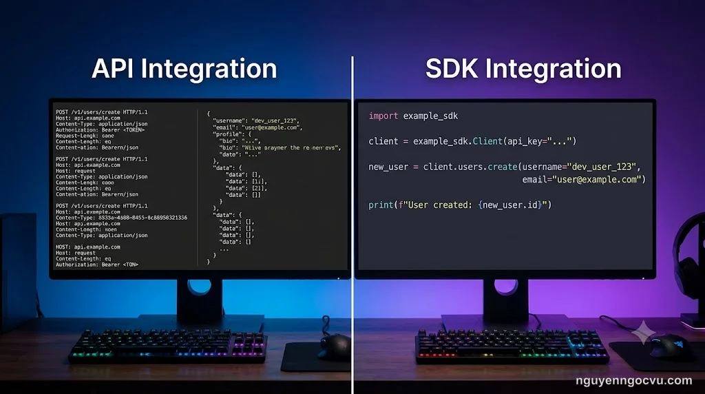 Comparison between API and SDK integration methods for AI projects, showing code examples and workflows