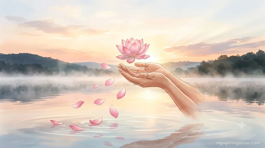 Bàn tay nhẹ nhàng thả chiếc lá vàng trong nắng sớm, biểu tượng cho sự buông bỏ bình an
