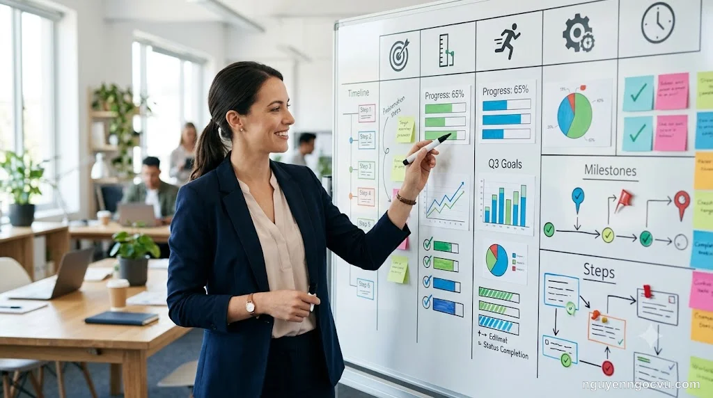 Người đứng trước bảng kế hoạch với các bước rõ ràng và biểu đồ tiến độ, minh họa phương pháp đặt mục tiêu SMART