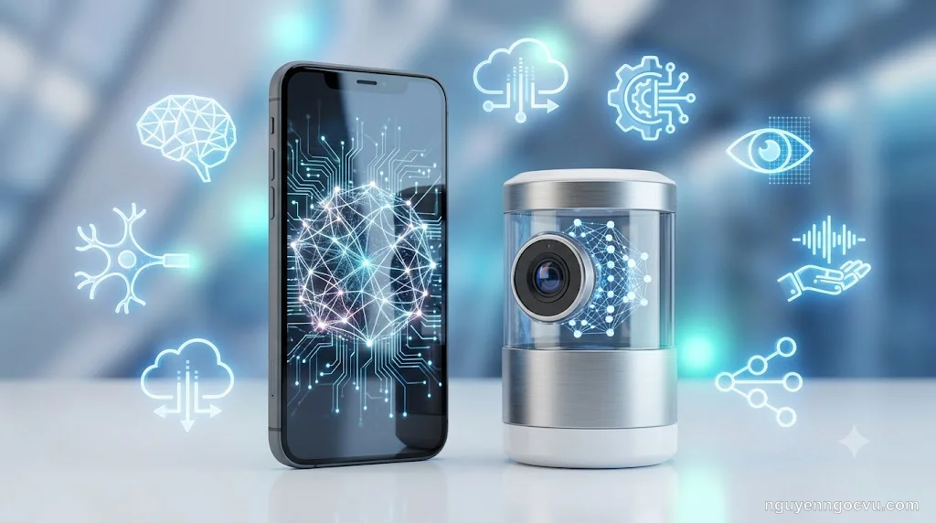Thiết bị IoT và smartphone chạy AI độc lập, minh họa Edge AI xử lý dữ liệu ngay trên thiết bị
