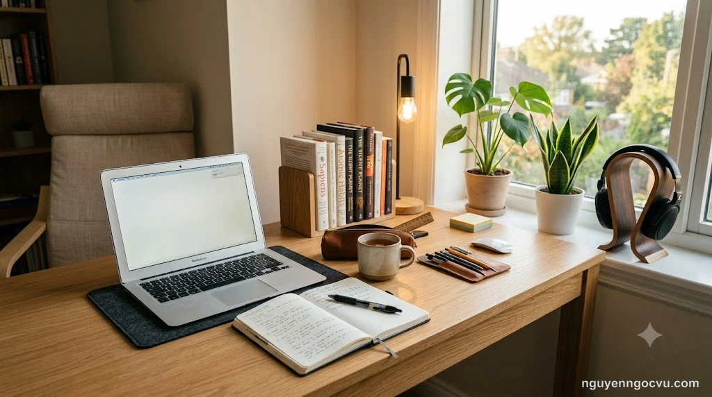 Người đang học tập với sách vở và công cụ tổ chức kiến thức hiện đại