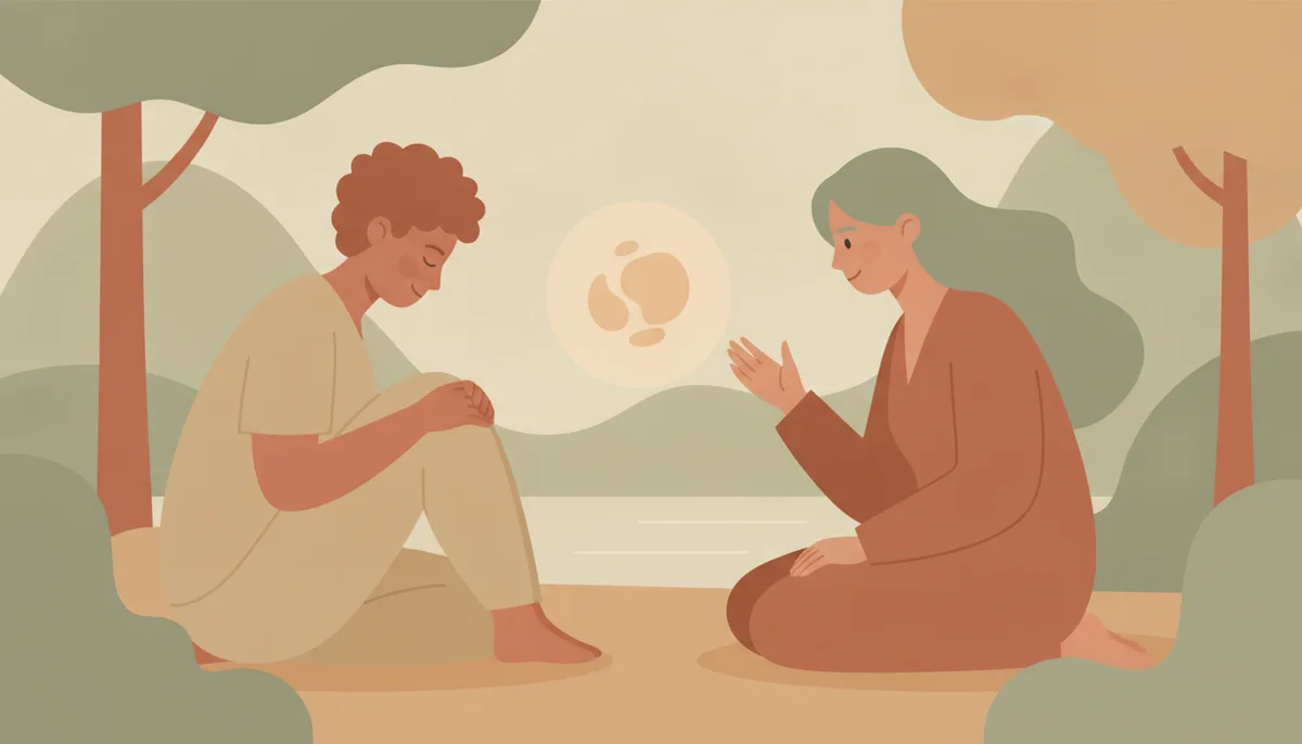 Hai người ngồi đối diện tĩnh lặng, một người đang chú tâm lắng nghe người kia