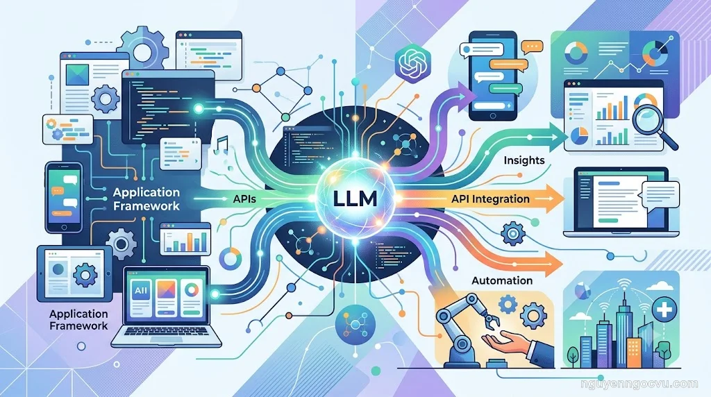 Sơ đồ kiến trúc tích hợp LLM API vào ứng dụng web với các thành phần backend, streaming và caching