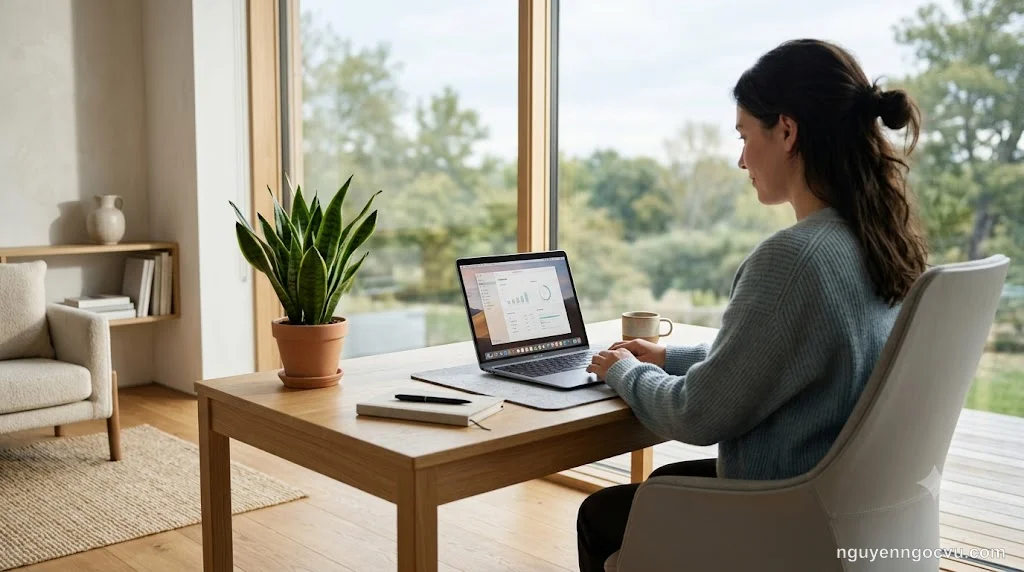 Một không gian làm việc yên tĩnh với ánh sáng tự nhiên, tượng trưng cho mindfulness trong công việc