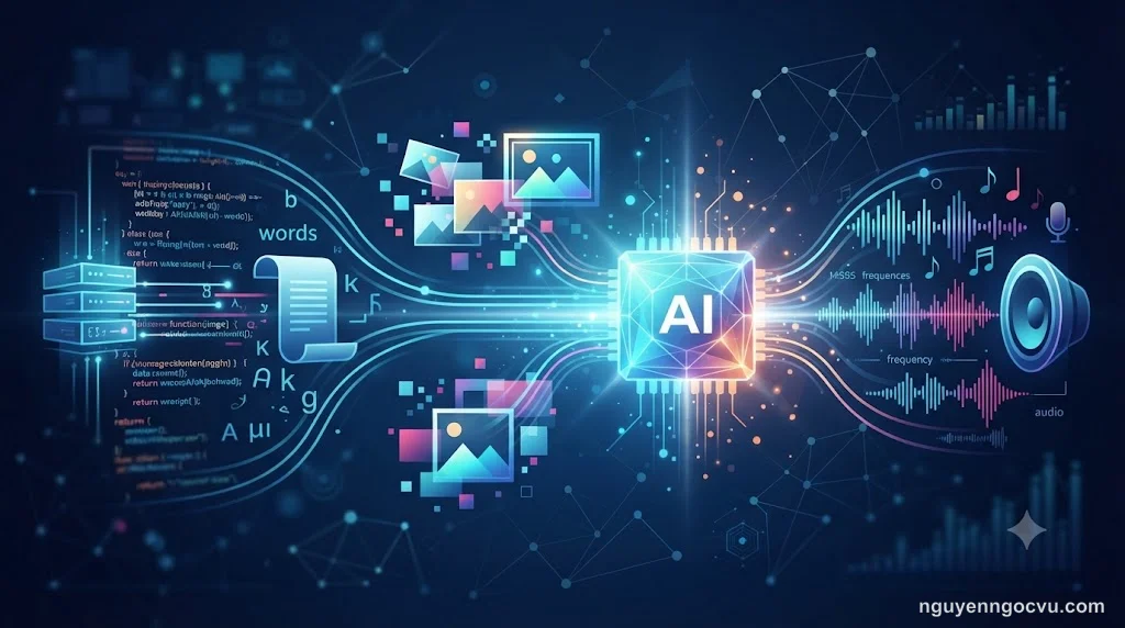 Sơ đồ biểu diễn kiến trúc Multimodal AI với các luồng dữ liệu văn bản, hình ảnh và âm thanh hội tụ