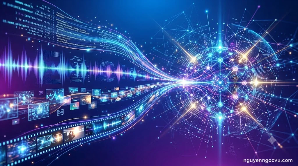 Minh họa Multimodal AI kết hợp text, hình ảnh, âm thanh và video trong một hệ thống AI thống nhất