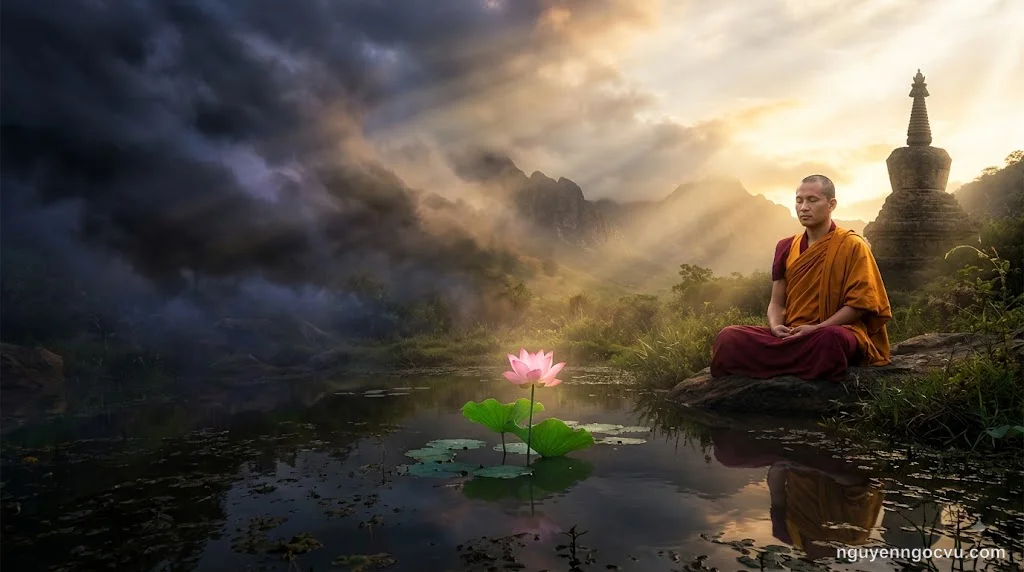 Hình ảnh tượng trưng nghiệp chướng - bóng tối trong tâm dần tan dưới ánh sáng chánh niệm