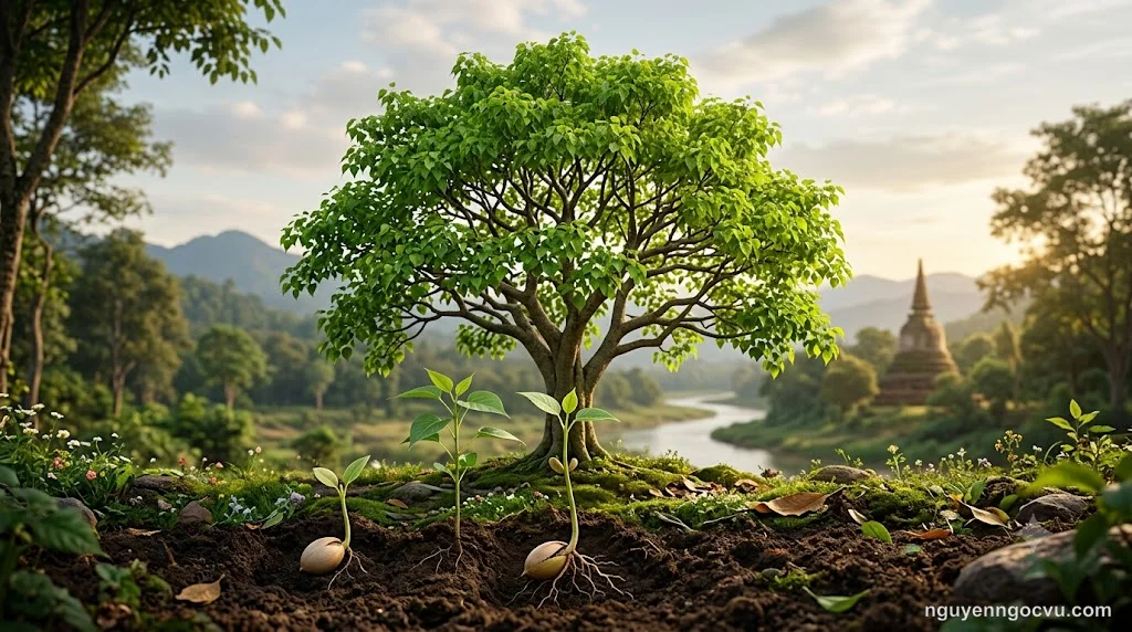 Hạt giống phát triển thành cây xanh, minh họa cho luật nhân quả trong Phật giáo