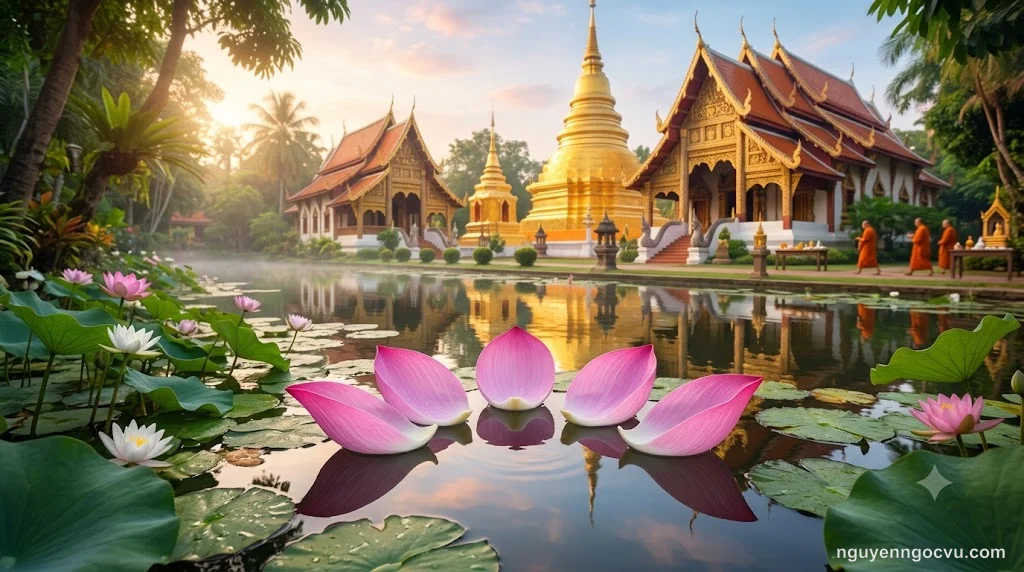 Năm cánh sen tượng trưng cho Ngũ giới trong Phật giáo, dưới ánh sáng bình minh thanh tịnh
