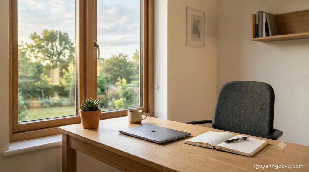 Không gian làm việc yên tĩnh với ánh sáng tự nhiên, biểu tượng cho trạng thái tập trung sâu Deep Work