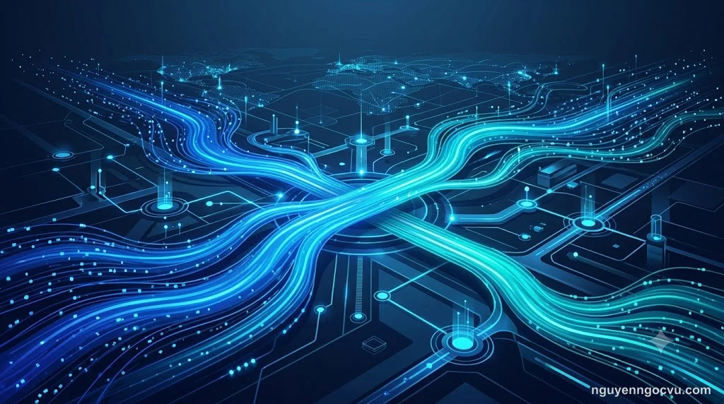 Biểu đồ minh họa streaming AI responses với dòng dữ liệu real-time, màu xanh gradient, phong cách hiện đại