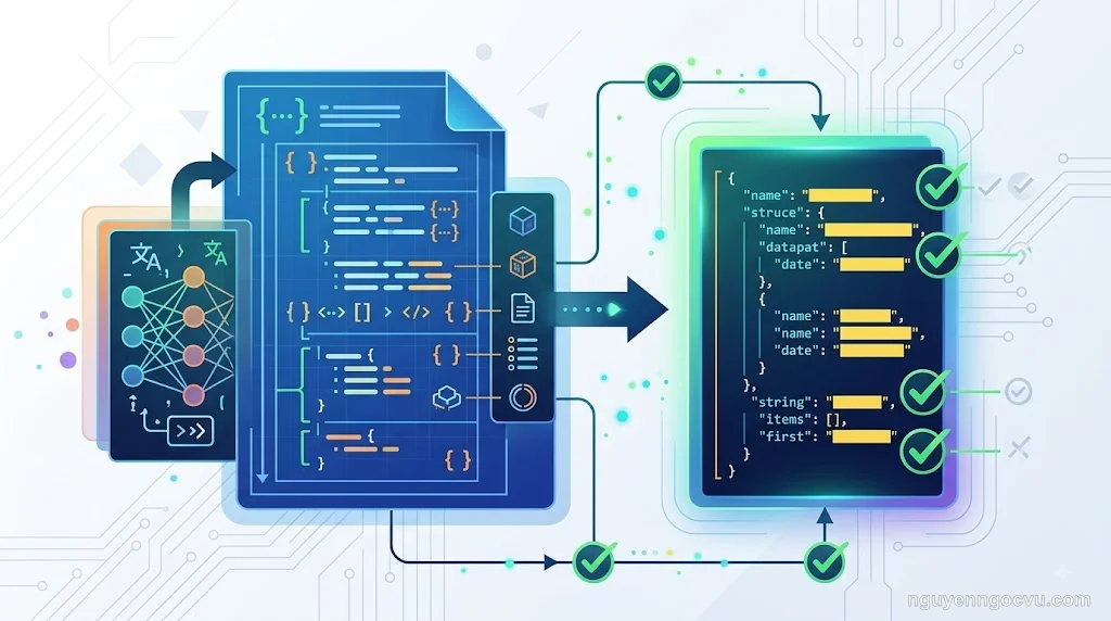 Biểu đồ minh họa quy trình LLM sinh JSON theo schema, với validation qua Pydantic