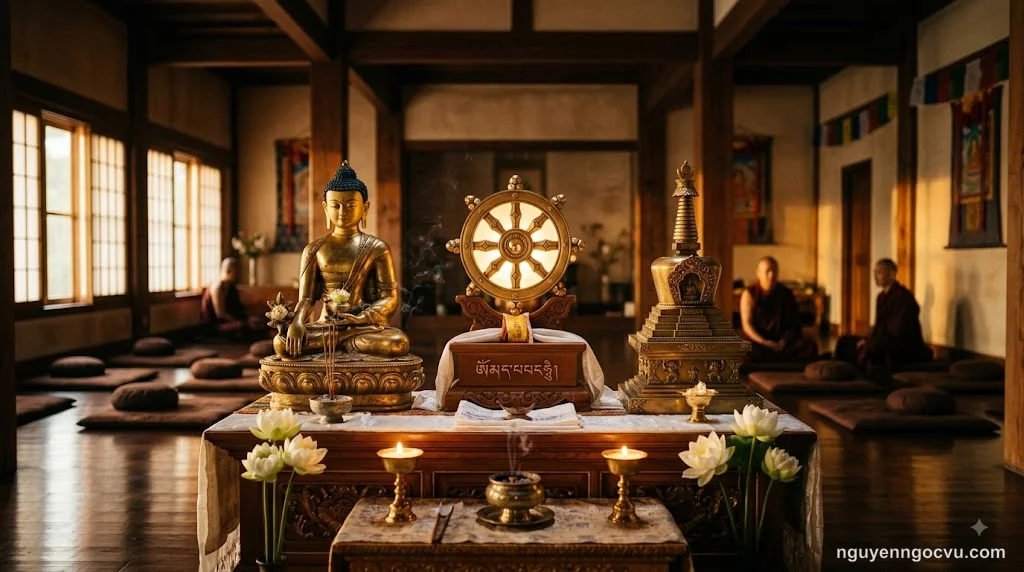 Ba biểu tượng thiêng liêng đại diện cho Phật Pháp Tăng trong ánh sáng trầm mặc