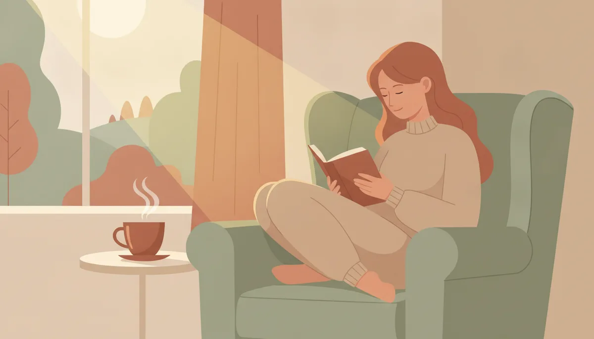 Một người ngồi cạnh cửa sổ đọc sách với tách trà buổi sáng