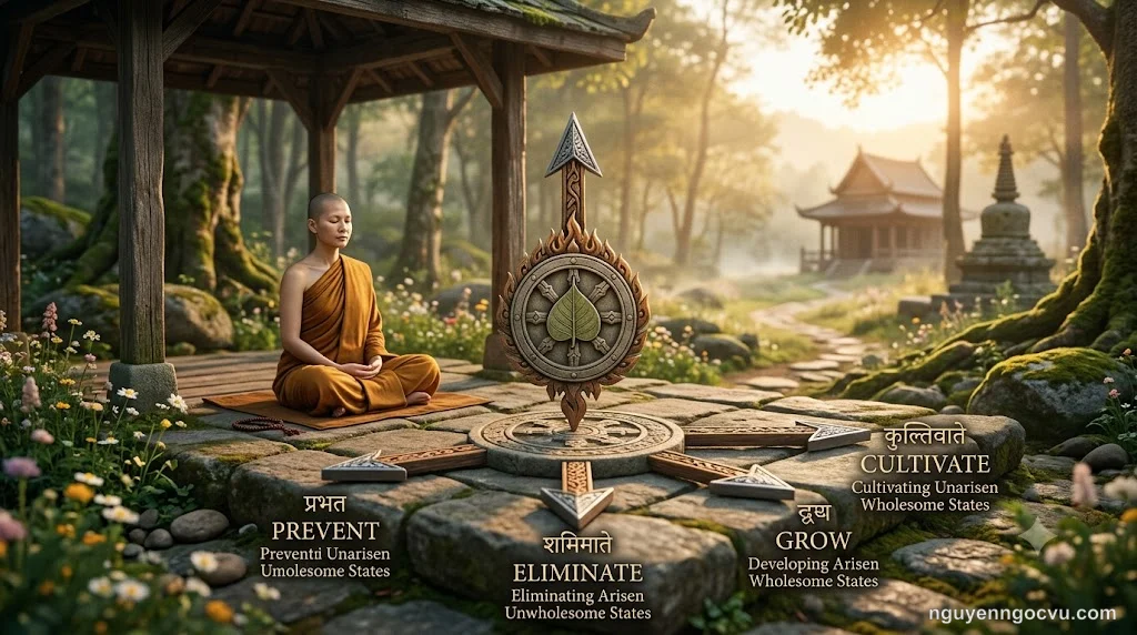 Biểu tượng tứ chánh cần trong Phật giáo với bốn mũi tên hướng về bốn phương, tượng trưng cho bốn nỗ lực đúng đắn