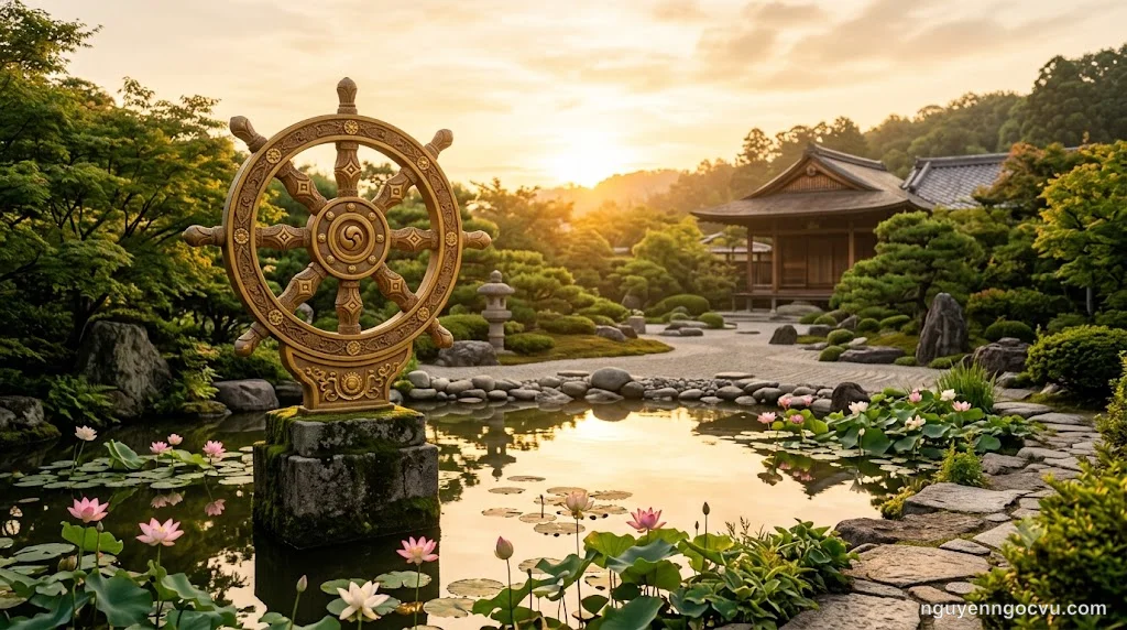 Biểu tượng bánh xe pháp tám nan hoa với bốn chân lý Phật học trên nền thiên nhiên thanh bình