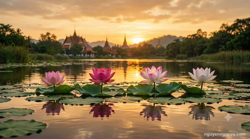 Bốn bông sen tượng trưng cho Tứ Vô Lượng Tâm - Từ Bi Hỷ Xả - nở rộ trên mặt nước trong hoàng hôn vàng