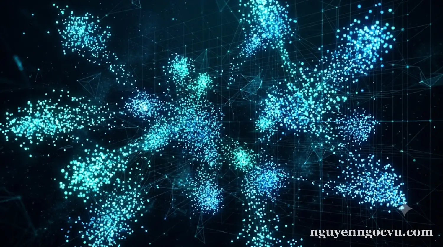 Sơ đồ các điểm dữ liệu gần nghĩa được nhóm lại trong không gian vector nhiều chiều