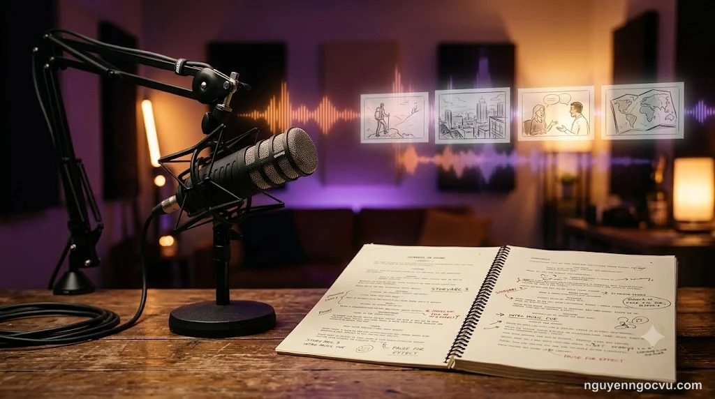 Micro thu âm podcast bên cạnh kịch bản kể chuyện và biểu tượng sóng âm