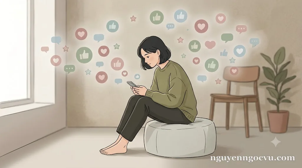 Một người ngồi lặng nhìn điện thoại giữa vô số biểu tượng like và tim trôi nổi, biểu tượng cái tôi trên mạng xã hội