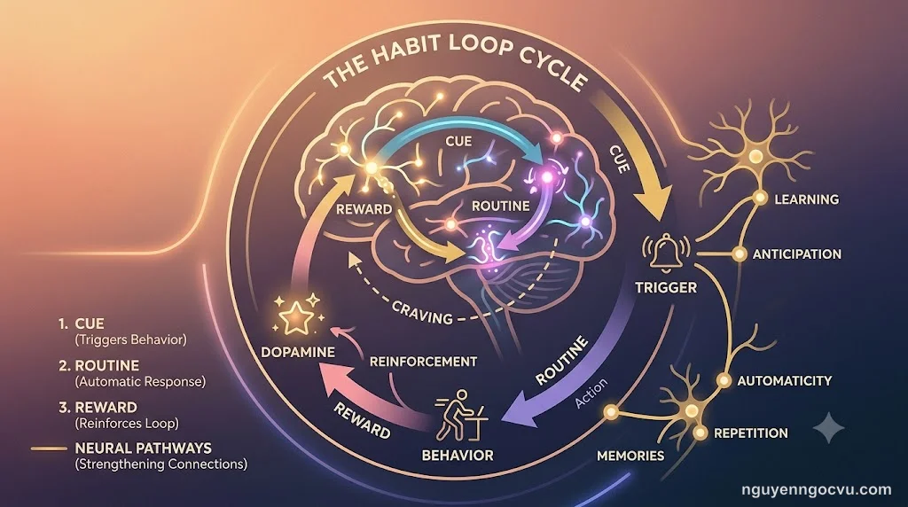 Minh họa khoa học về xây dựng thói quen bền vững với biểu đồ vòng lặp thói quen