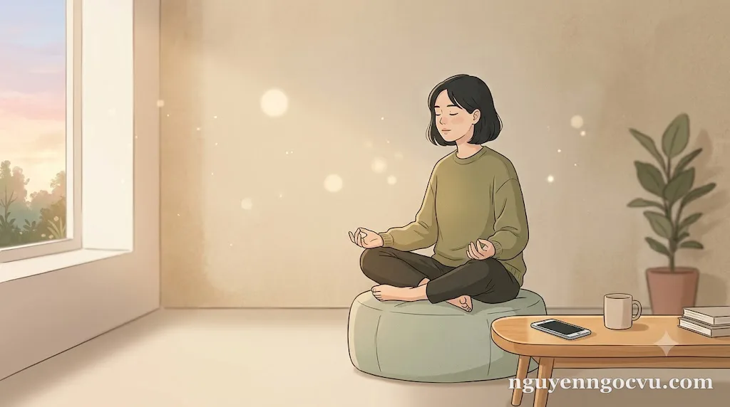 Một người ngồi thiền an nhiên bên cửa sổ lúc bình minh, điện thoại úp xuống bàn — biểu tượng sự tự do khi buông cái tôi số